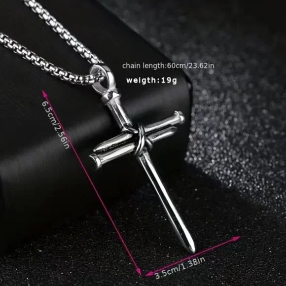 !! Sold Cross 3 Nail Necklace Religious Christian Statement Steel Silver Unisex - Picture 3 of 13